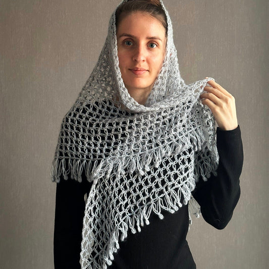 Silver Gray Crocheted Shawl with Fringes