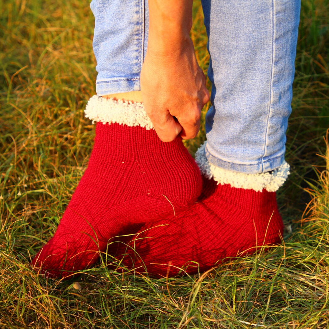 Red Wool Socks with Cozy White Cuffs