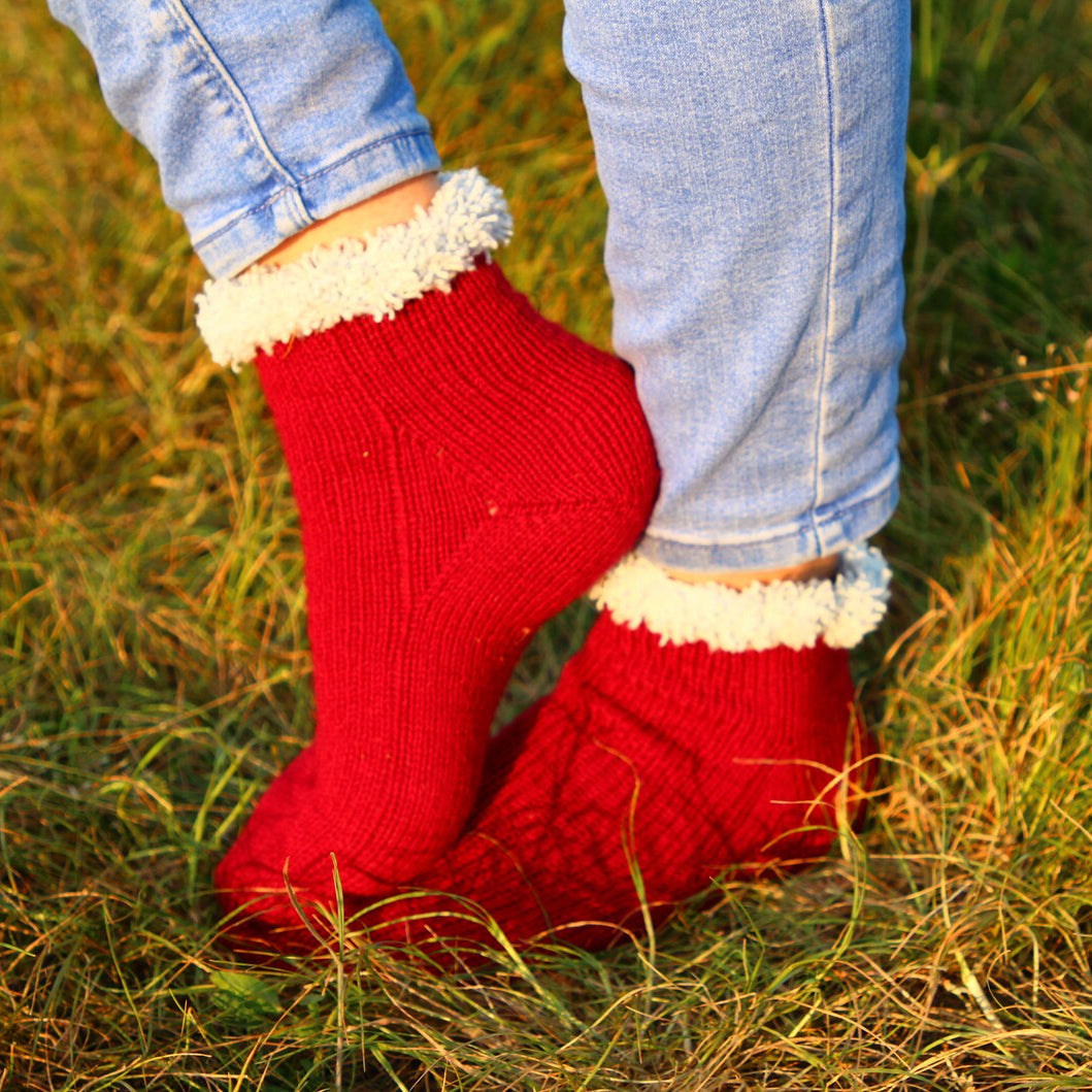 Red Wool Socks with Cozy White Cuffs