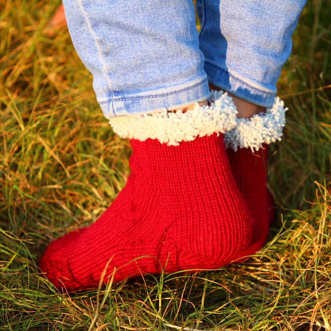Red Wool Socks with Cozy White Cuffs
