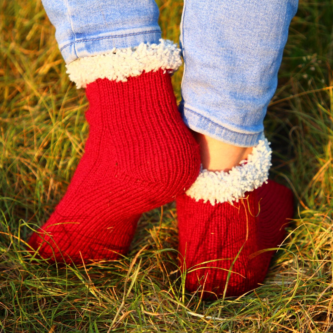 Red Wool Socks with Cozy White Cuffs