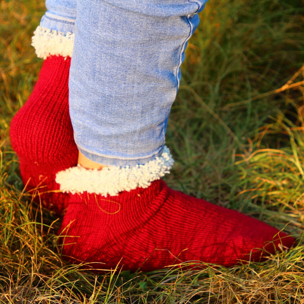 Red Wool Socks with Cozy White Cuffs