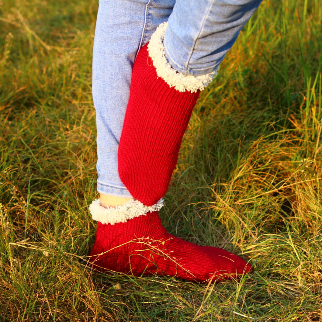 Red Wool Socks with Cozy White Cuffs