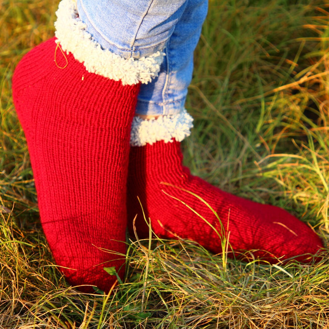 Red Wool Socks with Cozy White Cuffs