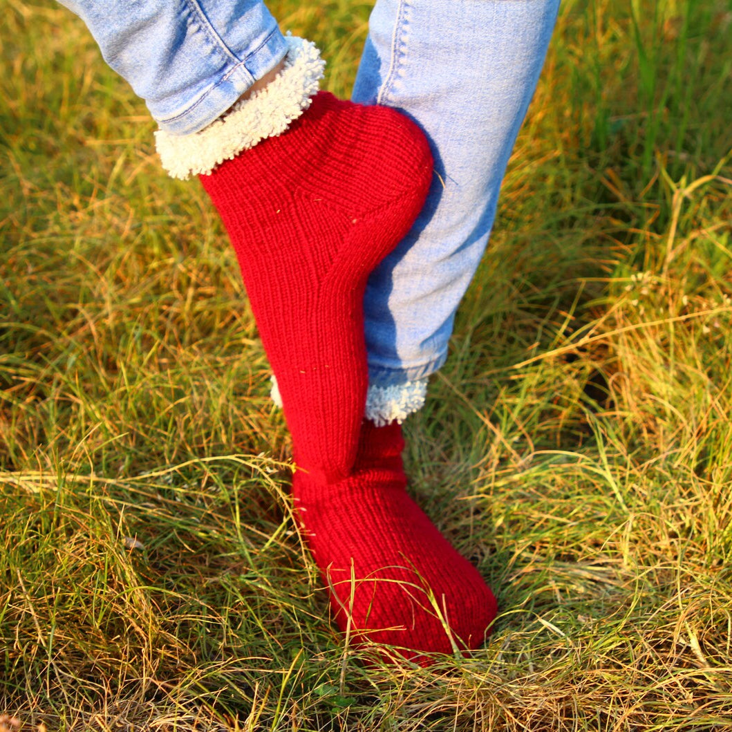 Red Wool Socks with Cozy White Cuffs