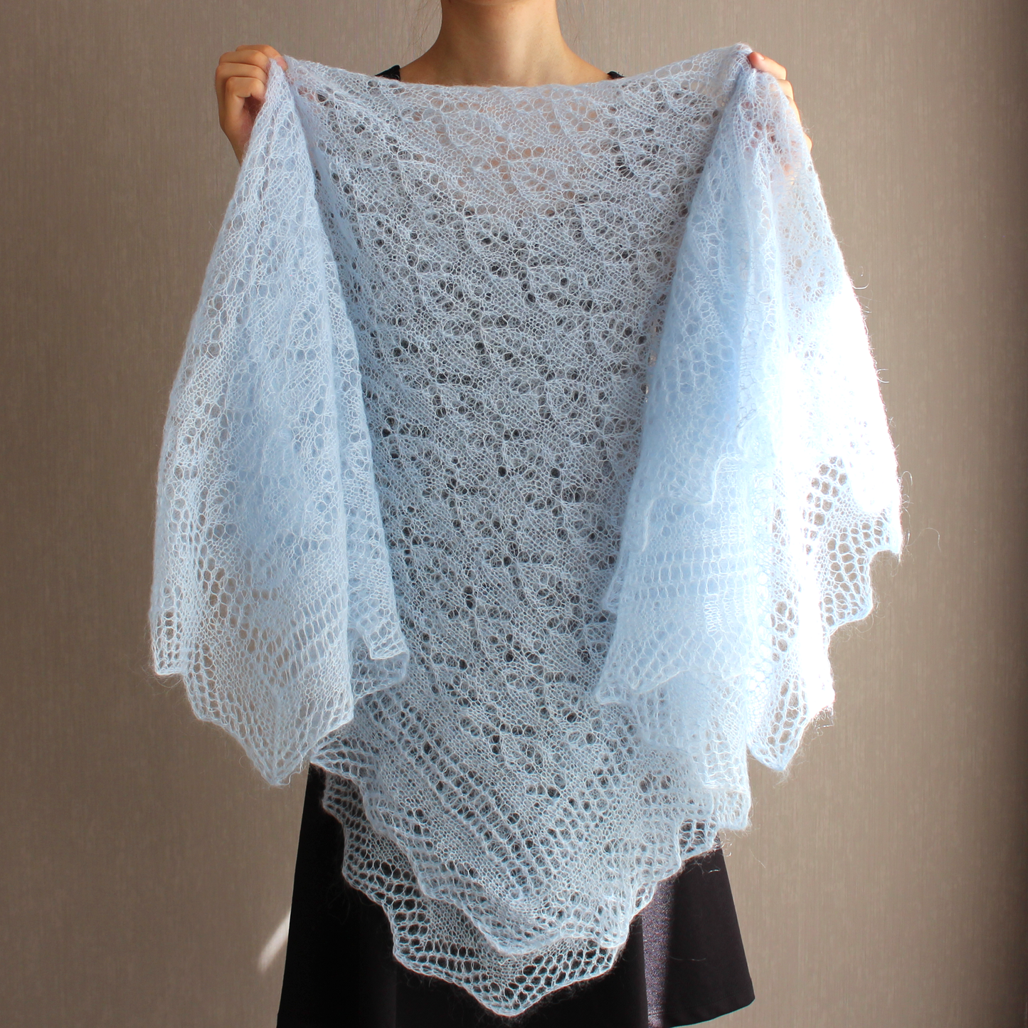 Mohair Leaf Lace Shawl, Modest head covering, Soft Blue Headscarf, Stretch Floral Mantilla, Traditional Veil, Airy square wrap