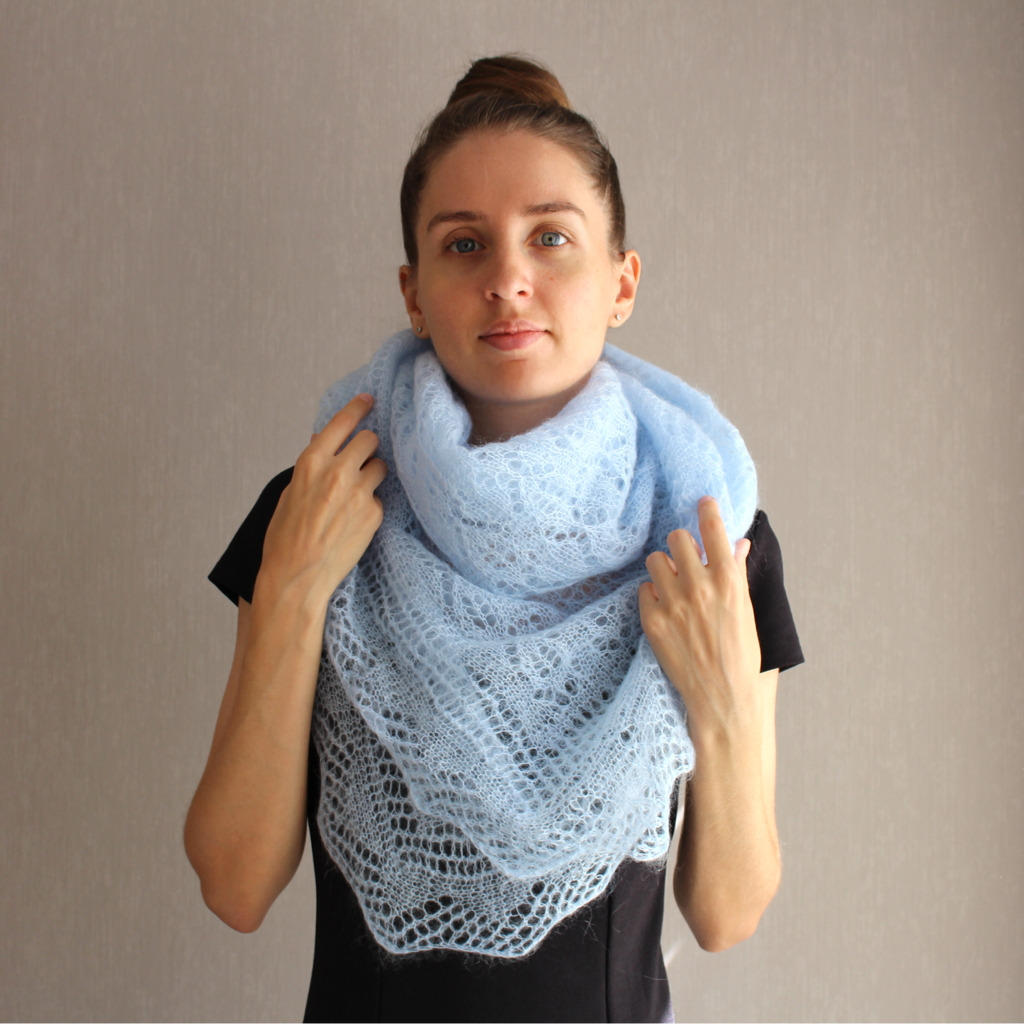 Mohair Leaf Lace Shawl, Modest head covering, Soft Blue Headscarf, Stretch Floral Mantilla, Traditional Veil, Airy square wrap