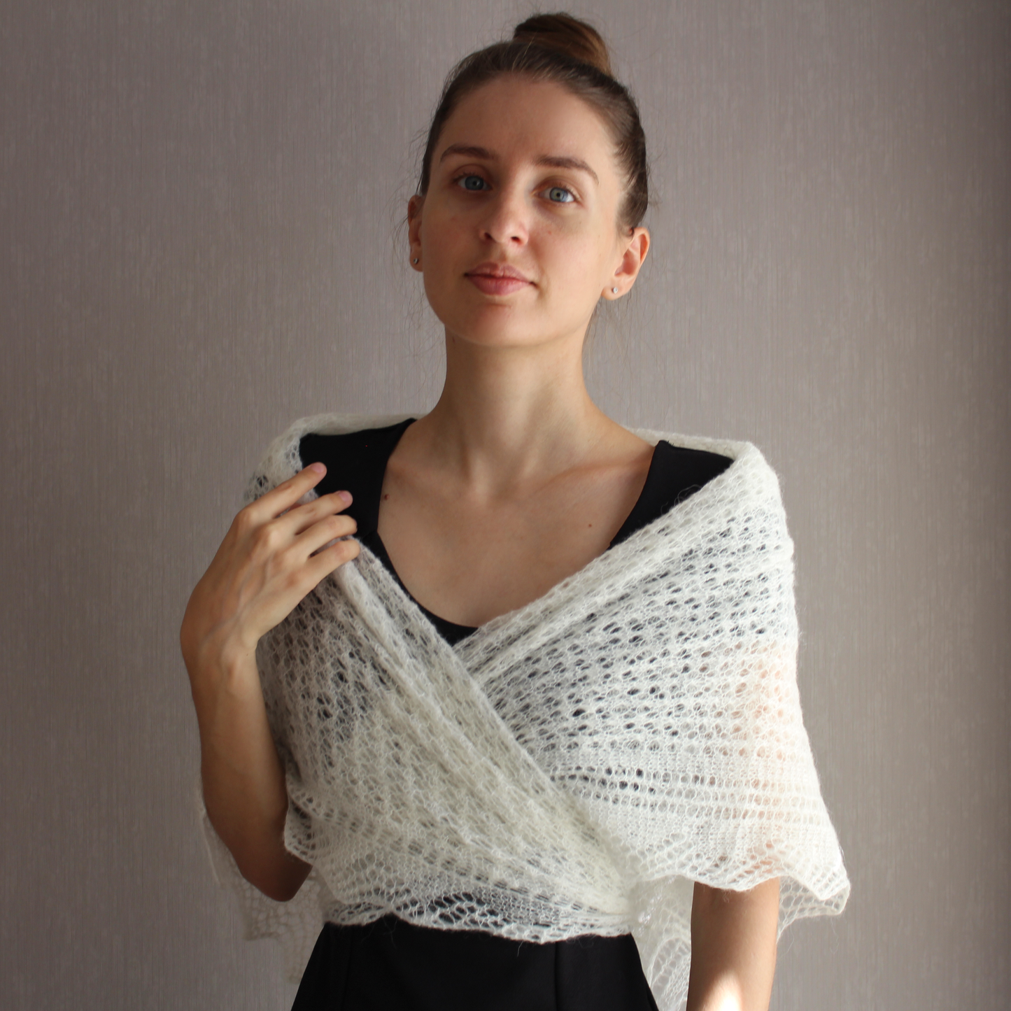 Alpaca and merino blend wrap, Delicate sheer shawl, Victorian mantilla, Crocheted cobweb, Orenburg antique shawl