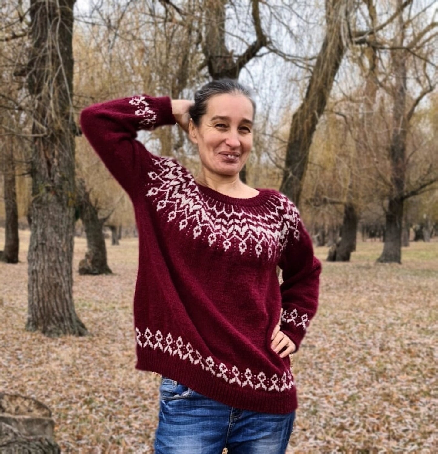 Red oversized Icelandic Lopapeysa jumper, Fair Isle Alpaca sweater