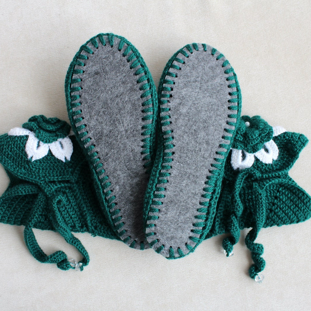 Dark Green Crochet Slipper Boots with Floral Appliqué