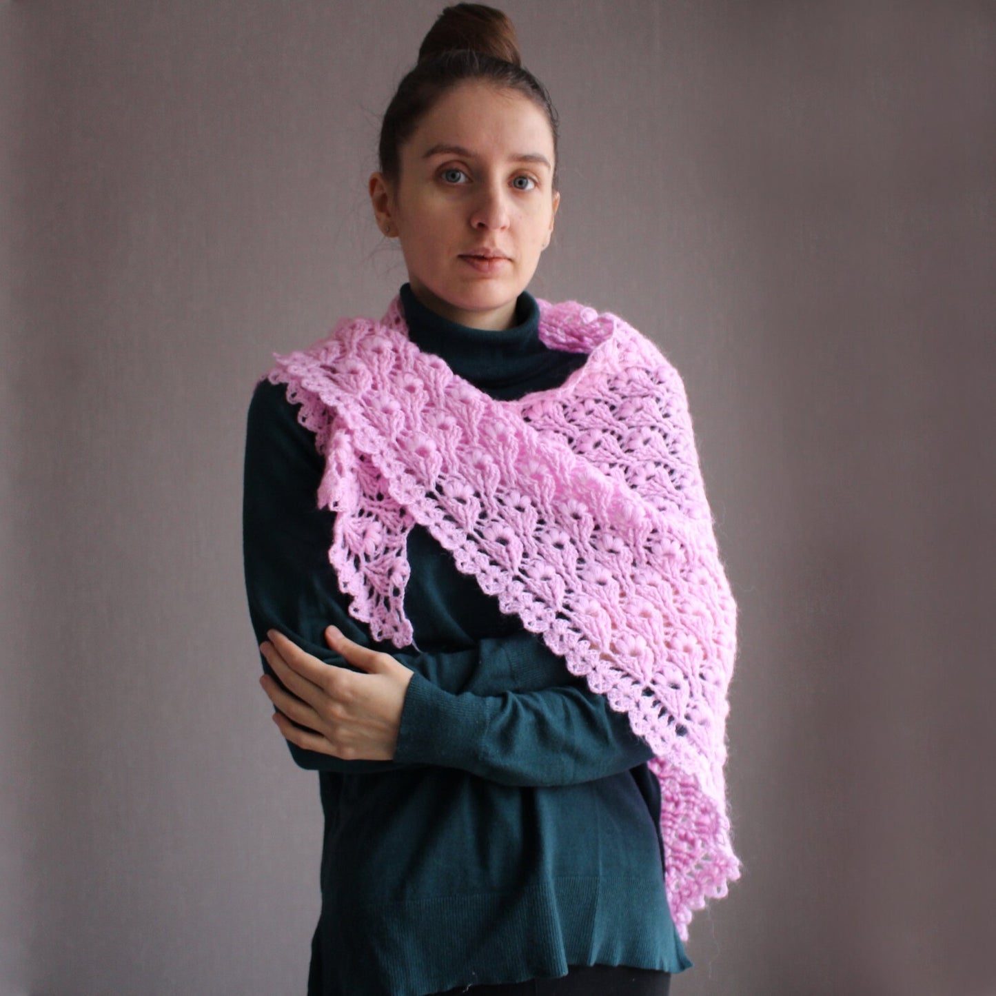 Pink crochet shawl, Warm triangle wrap, Delicate sheer headscarf