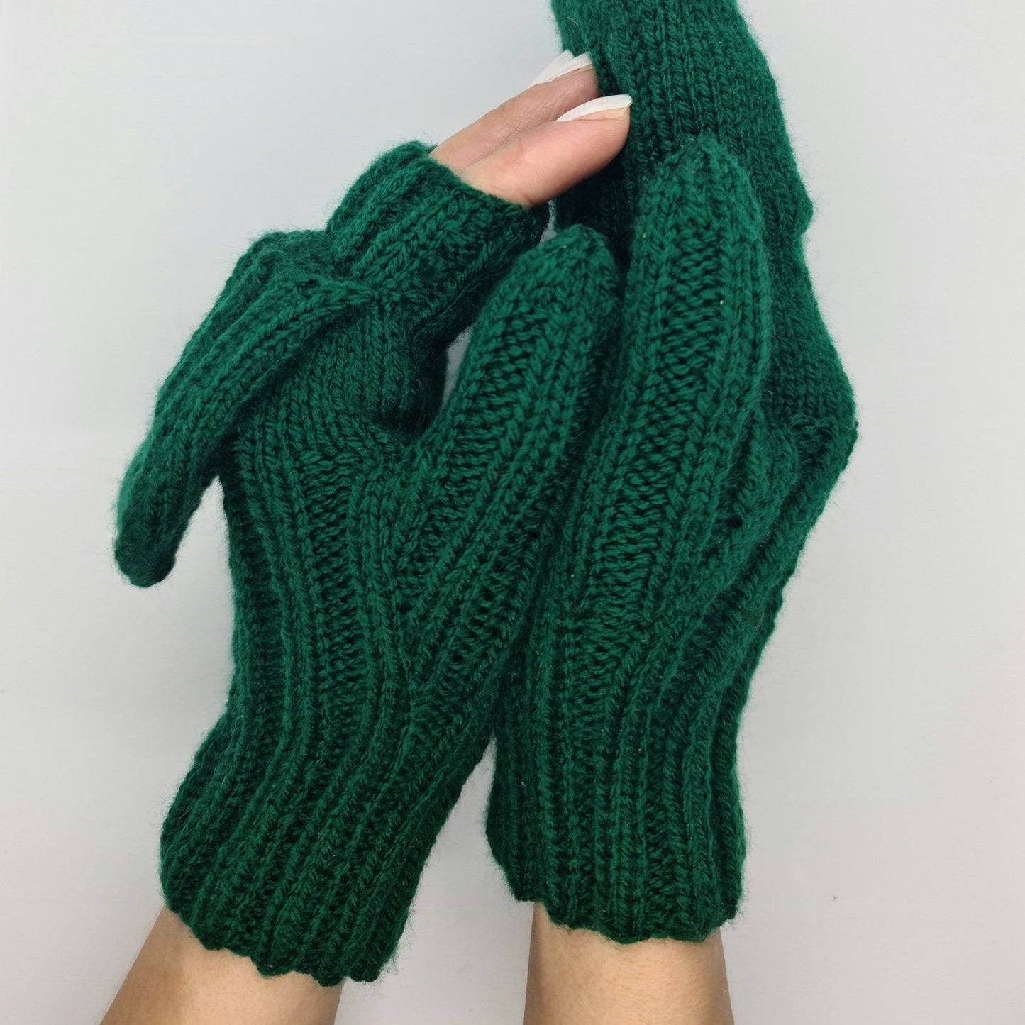 Green Ribbed Convertible Gloves