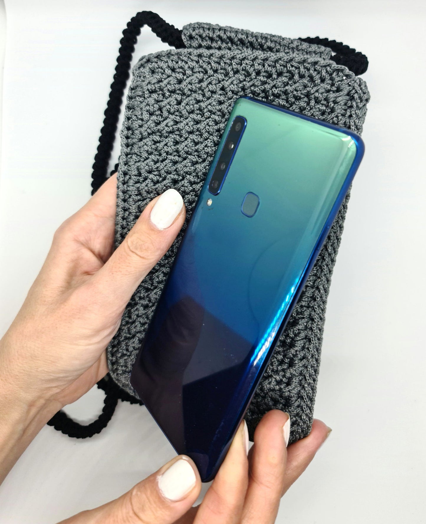 Gray mobile phone pouch, Cute crochet crossbody bag, Macrame textured handbag