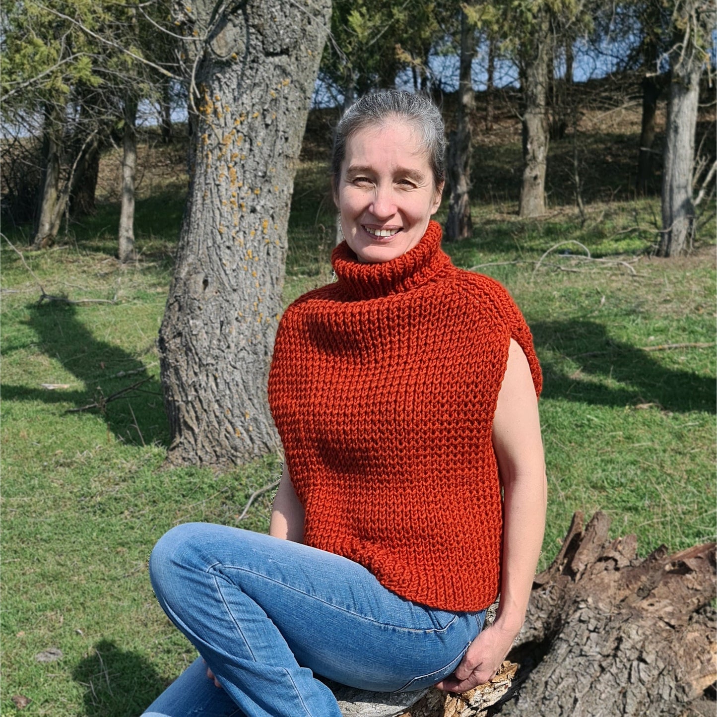 Orange cable-knit turtleneck sweater vest, Smart casual vest for woman