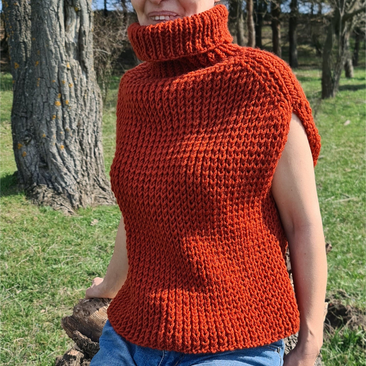 Orange cable-knit turtleneck sweater vest, Smart casual vest for woman