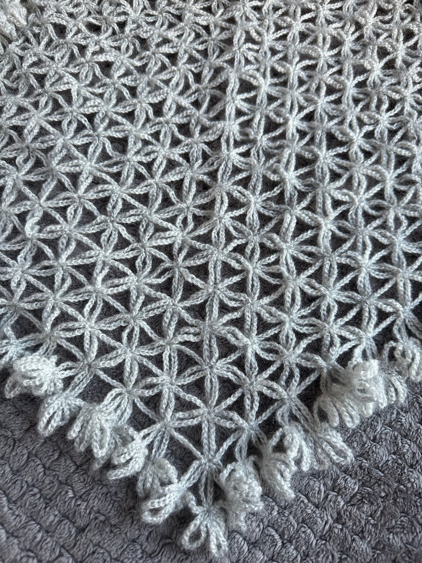 Triangle lace shawl in gray