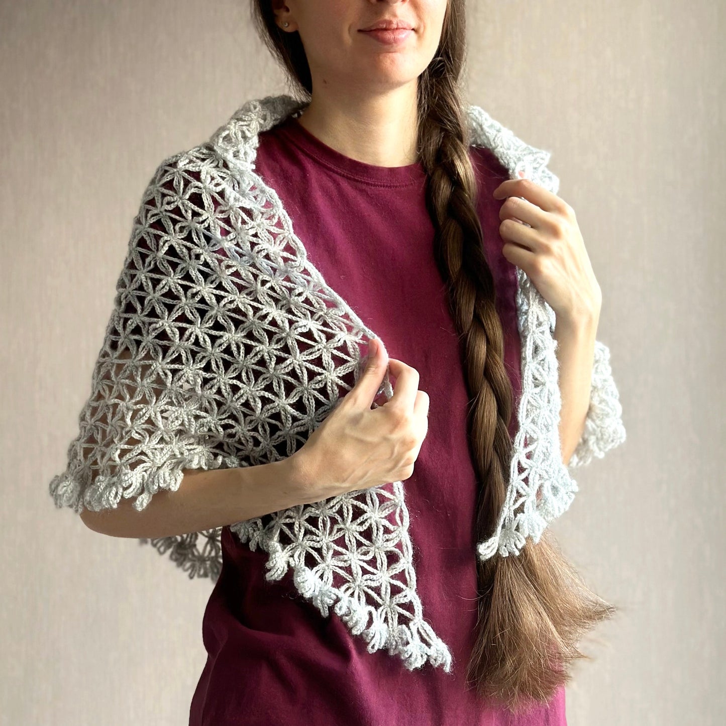 Triangle lace shawl in gray