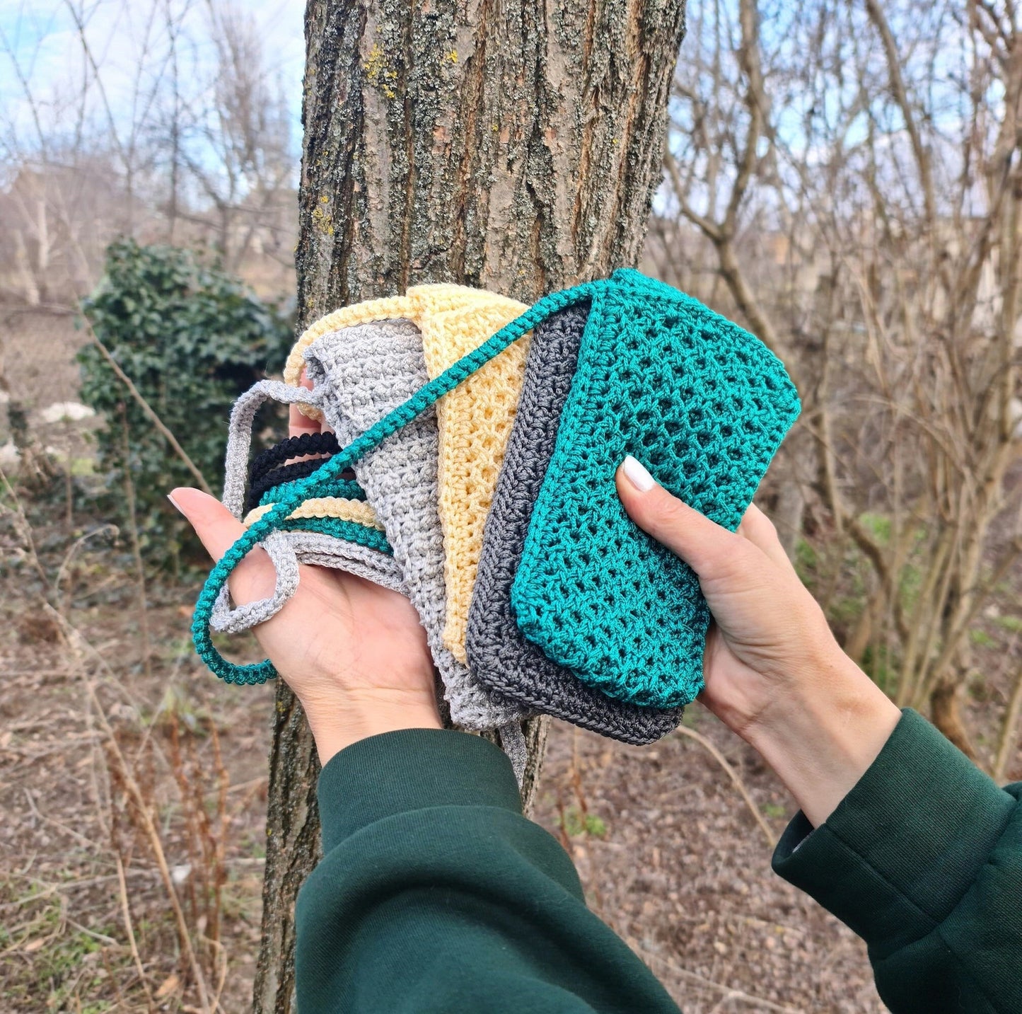 Gray mobile phone pouch, Cute crochet crossbody bag, Macrame textured handbag