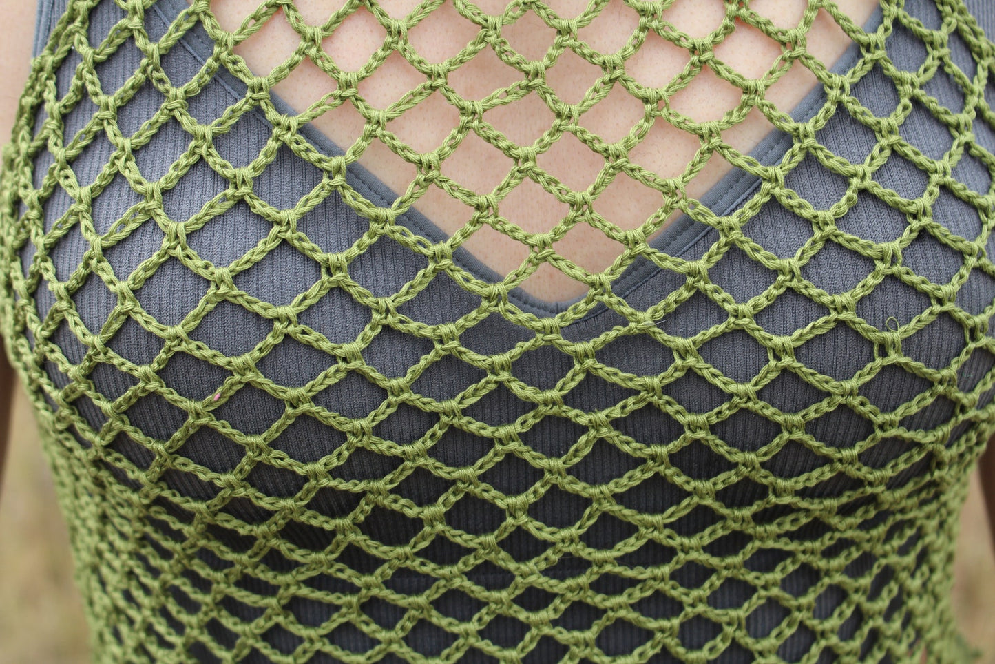 Green See Through Top, Fishnet Cropped Cover-Up