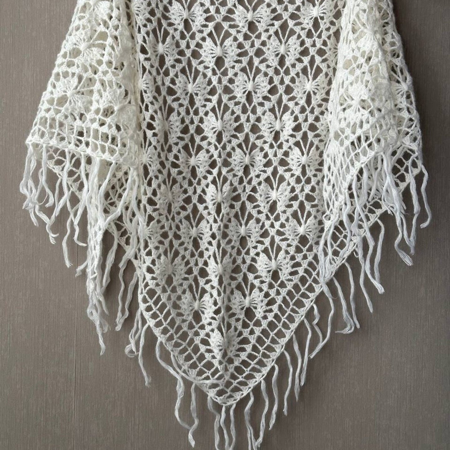 White Crochet Fringe Triangle Shawl