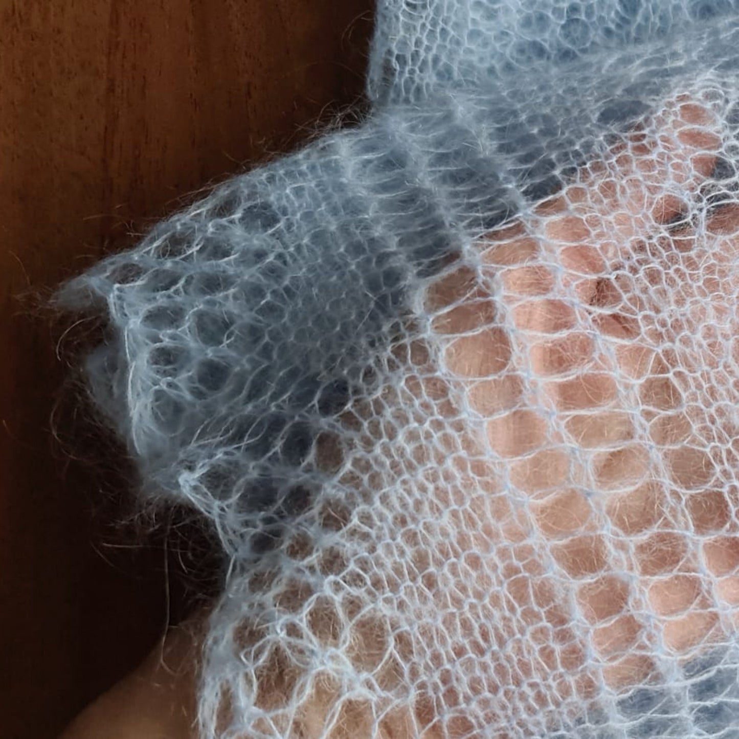 Mohair Leaf Lace Shawl, Modest head covering, Soft Blue Headscarf, Stretch Floral Mantilla, Traditional Veil, Airy square wrap