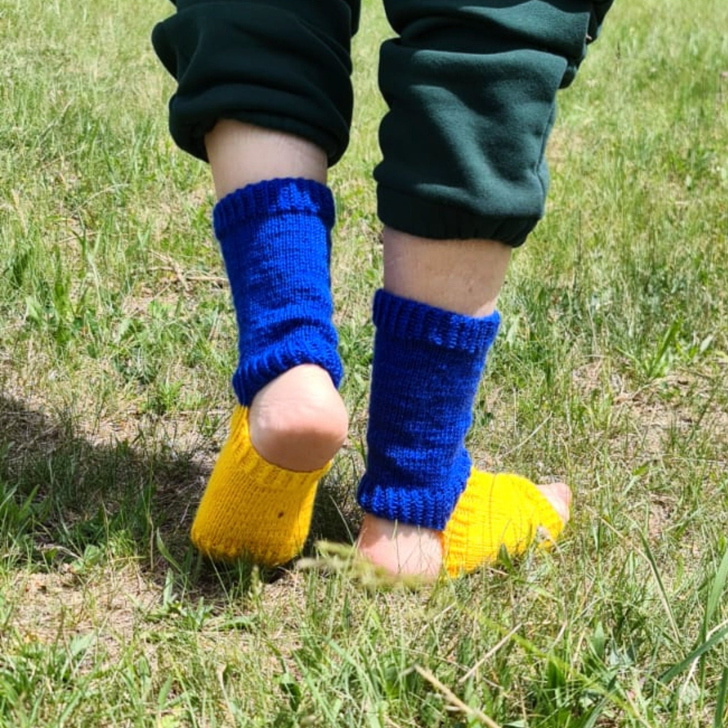 Blue and yellow hand-knitted no toe and no heel socks