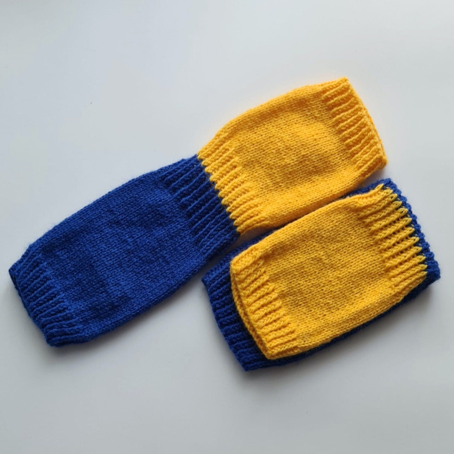 Blue and yellow hand-knitted no toe and no heel socks