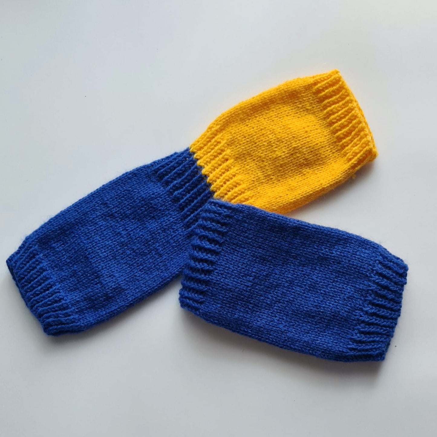 Blue and yellow hand-knitted no toe and no heel socks