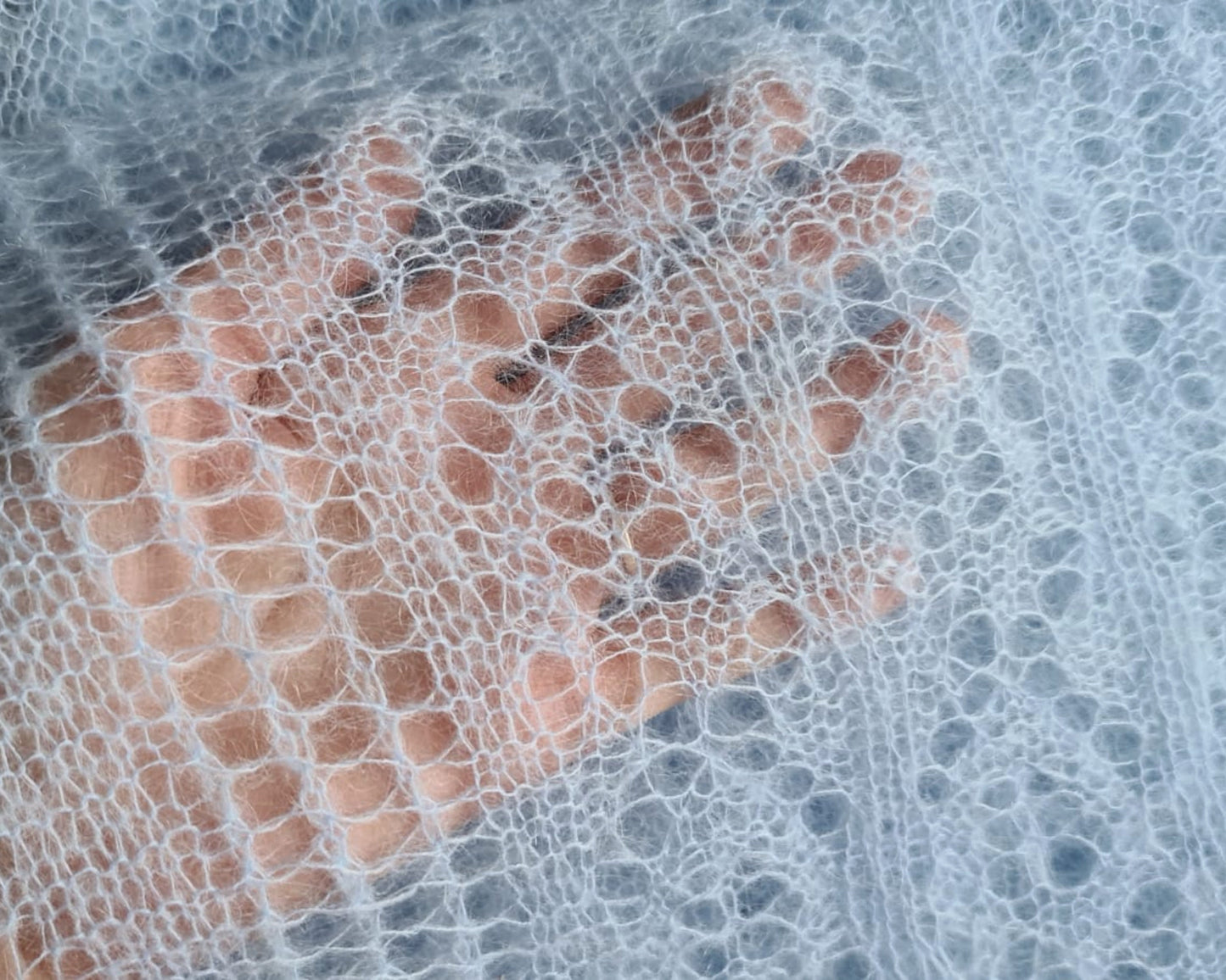 Mohair Leaf Lace Shawl, Modest head covering, Soft Blue Headscarf, Stretch Floral Mantilla, Traditional Veil, Airy square wrap