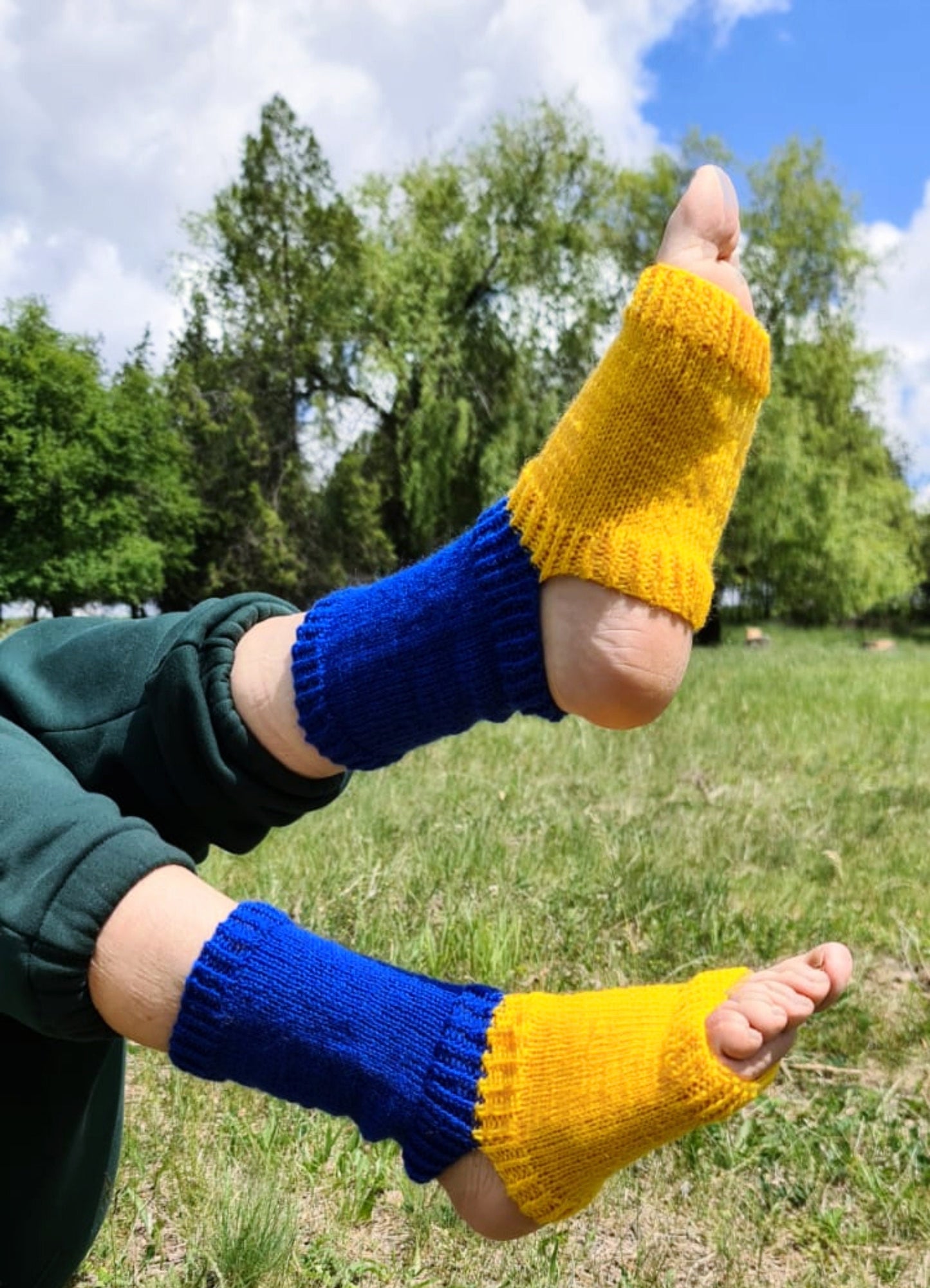 Blue and yellow hand-knitted no toe and no heel socks