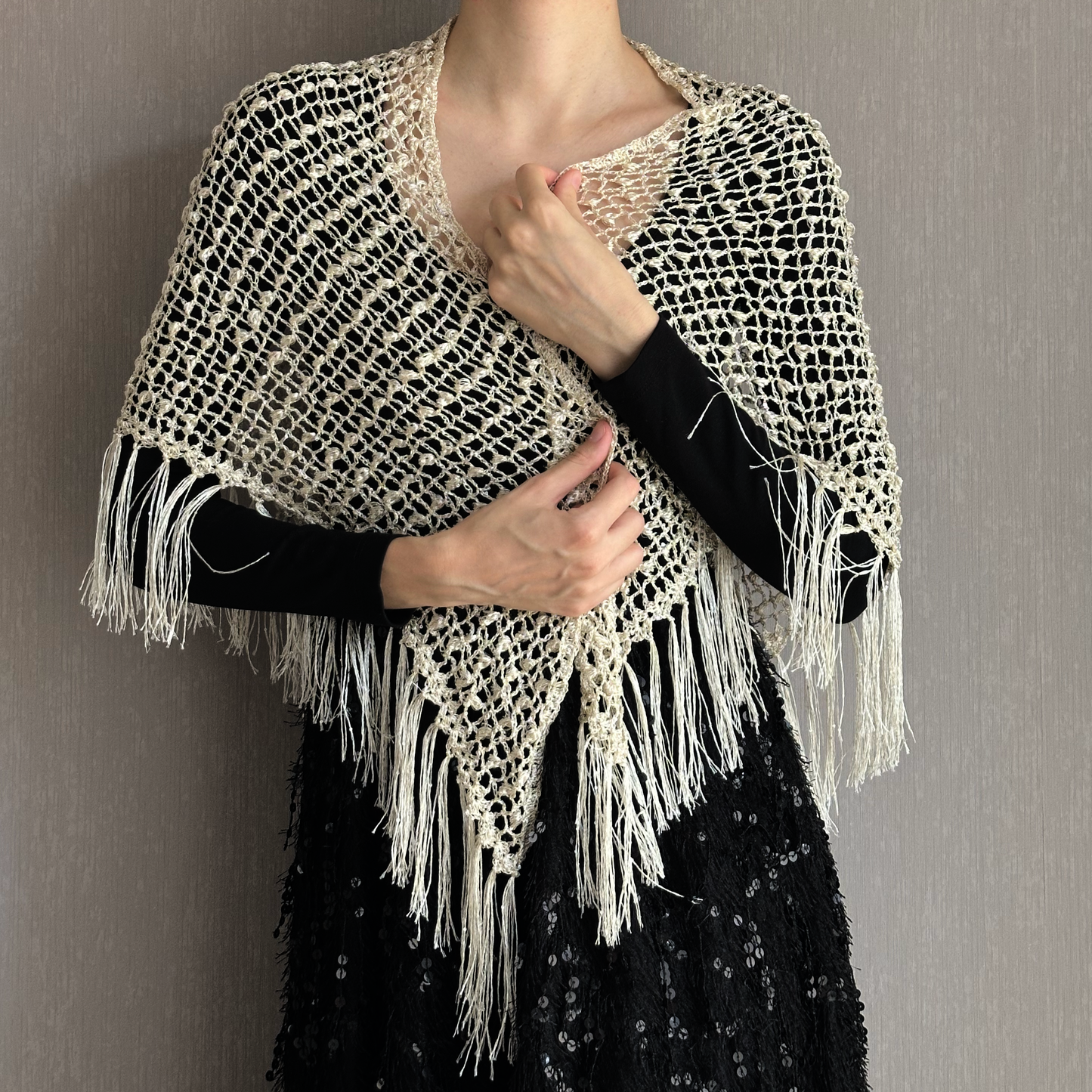Beige Sparkle Sequin Crochet Triangle Shawl with Tassels