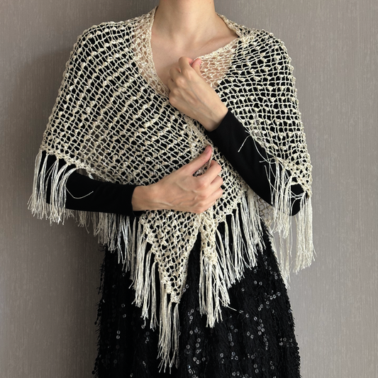 Beige Sparkle Sequin Crochet Triangle Shawl with Tassels