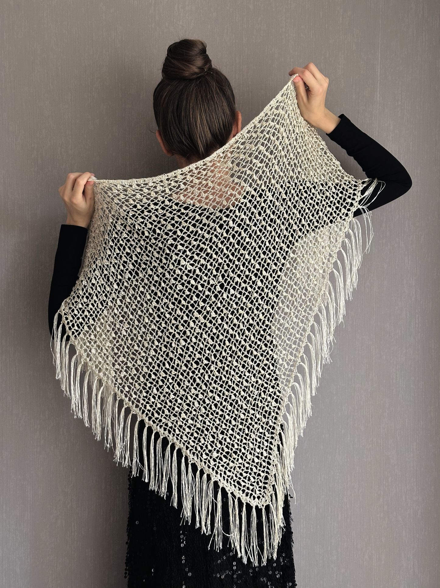 Beige Sparkle Sequin Crochet Triangle Shawl with Tassels