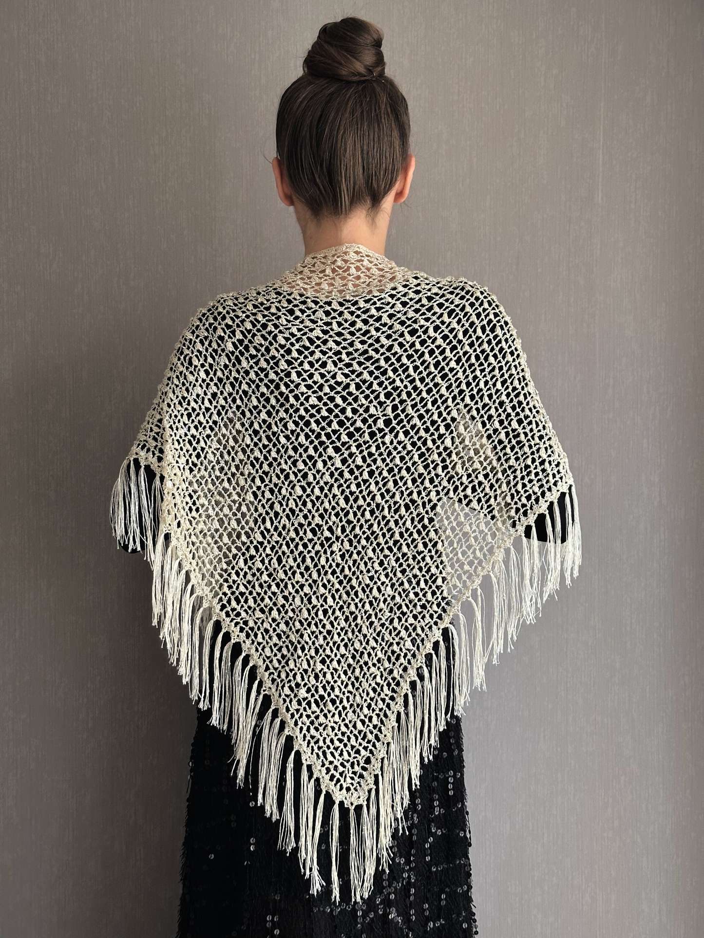 Beige Sparkle Sequin Crochet Triangle Shawl with Tassels