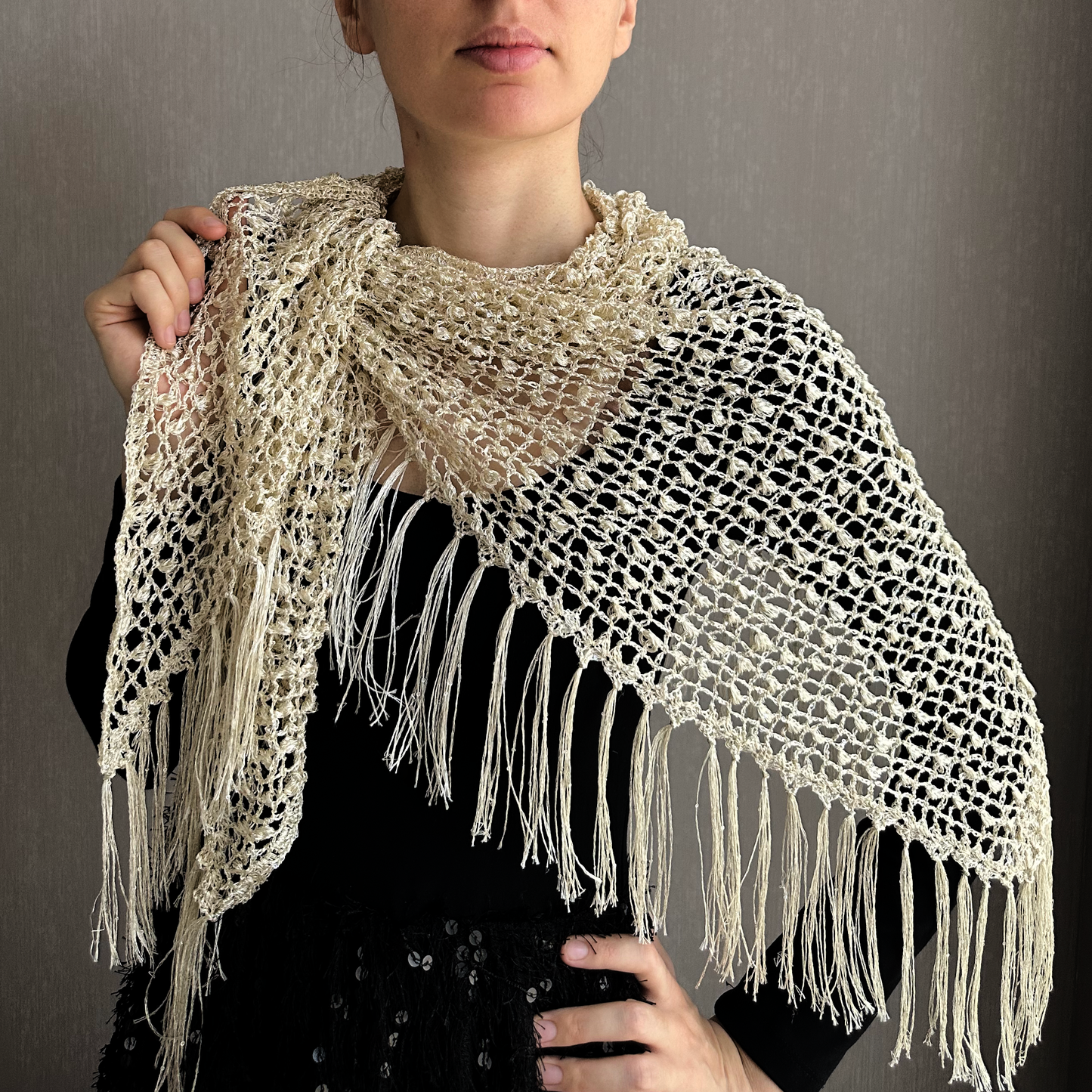Beige Sparkle Sequin Crochet Triangle Shawl with Tassels