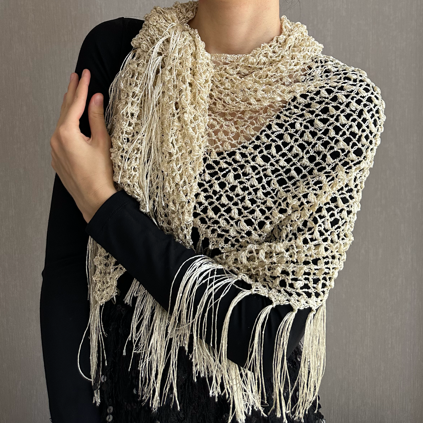 Beige Sparkle Sequin Crochet Triangle Shawl with Tassels