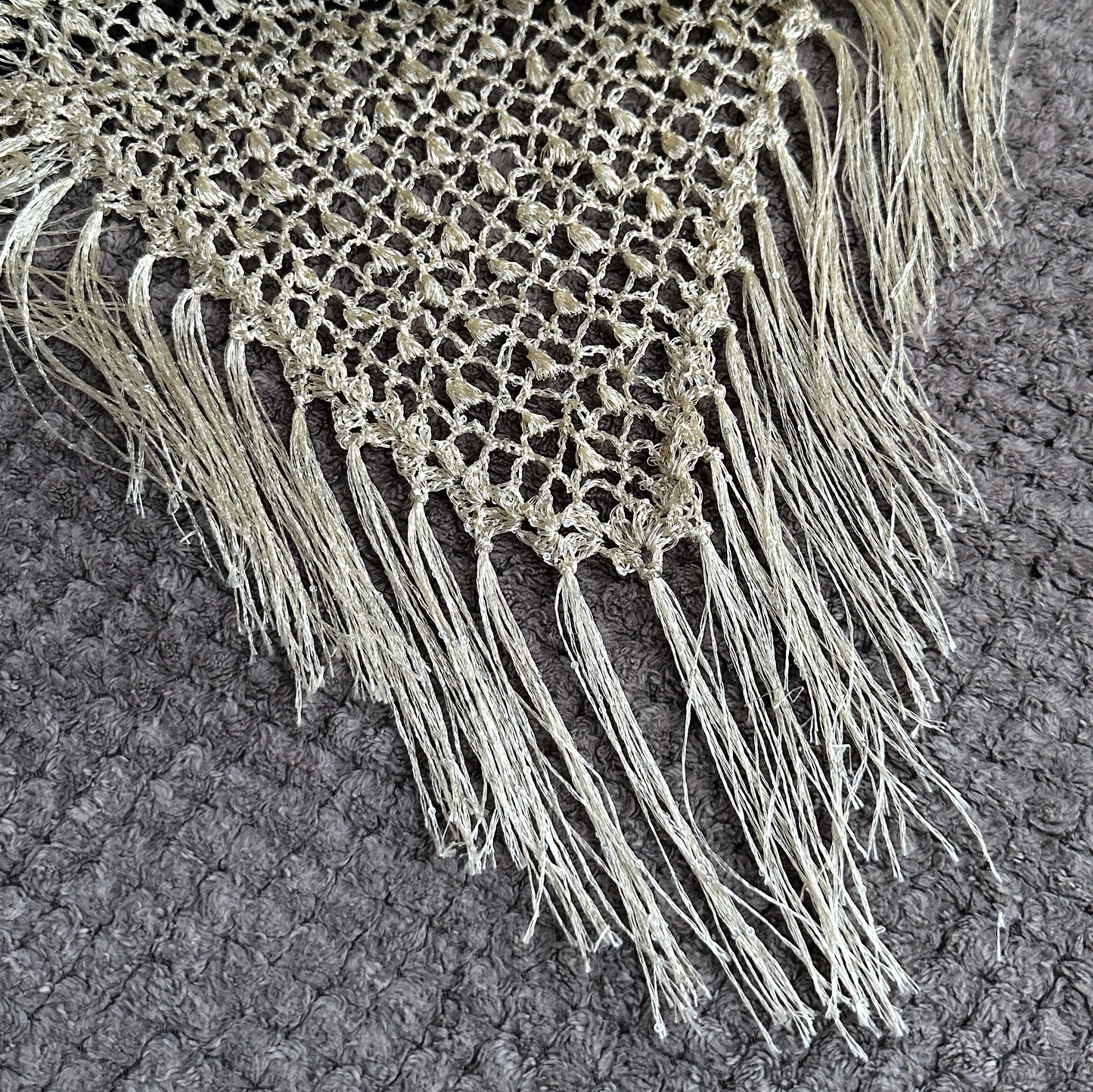 Beige Sparkle Sequin Crochet Triangle Shawl with Tassels