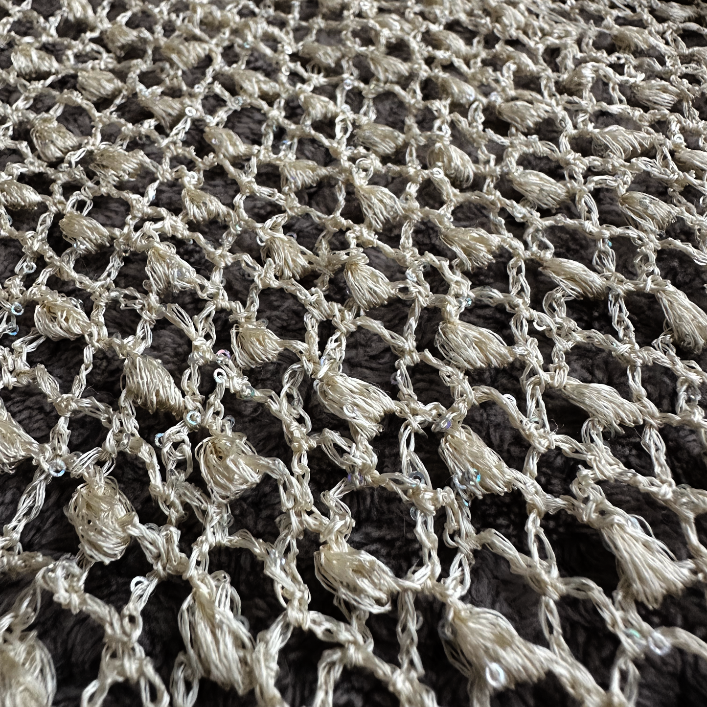 Beige Sparkle Sequin Crochet Triangle Shawl with Tassels