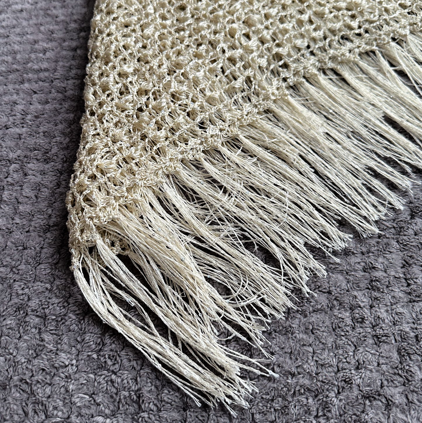Beige Sparkle Sequin Crochet Triangle Shawl with Tassels