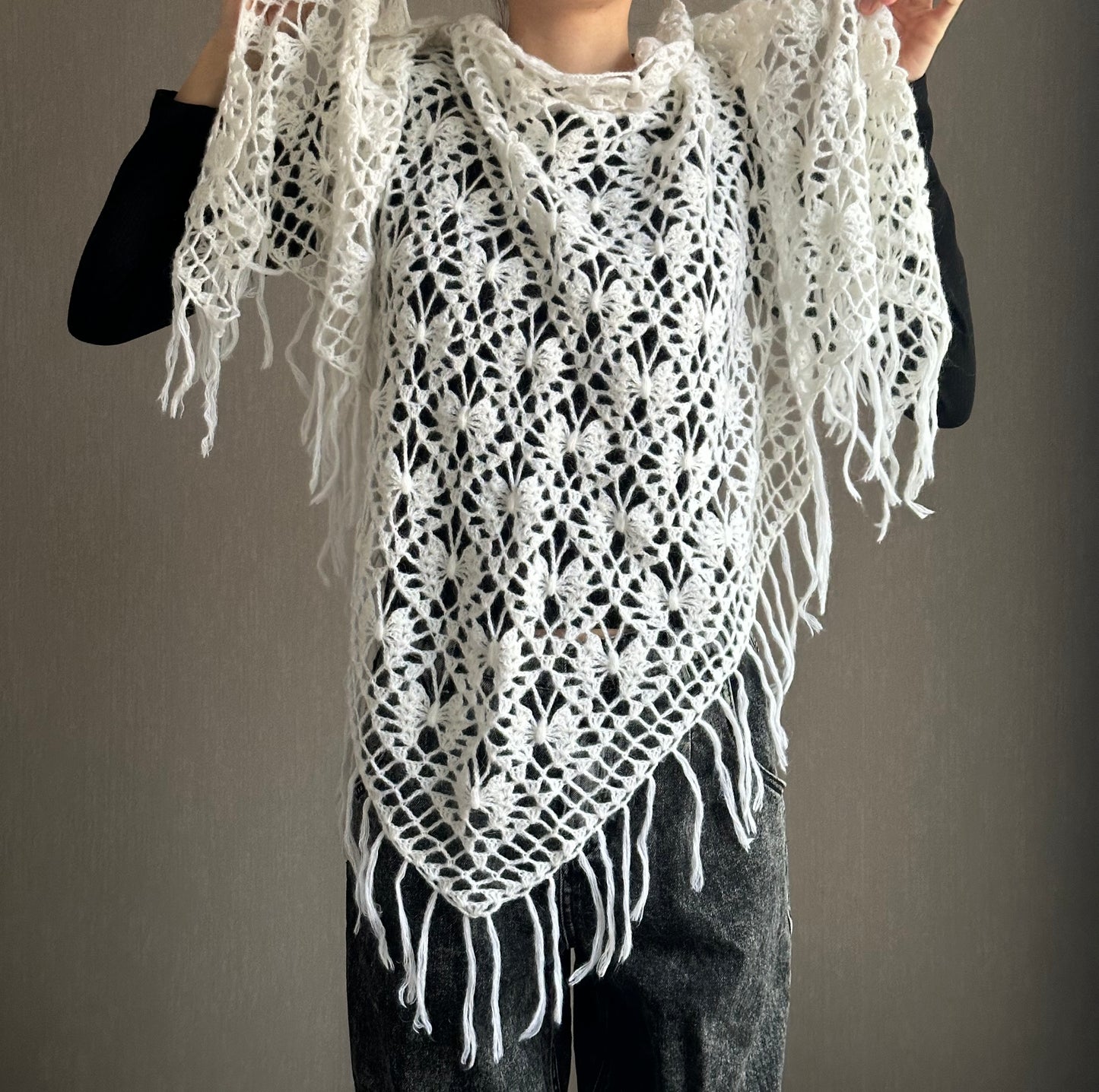 Burgundy Red, Ivory Crochet Fringe Triangle Shawl