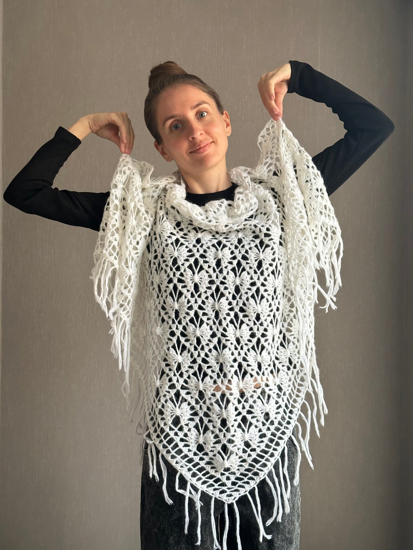 Burgundy Red, Ivory Crochet Fringe Triangle Shawl