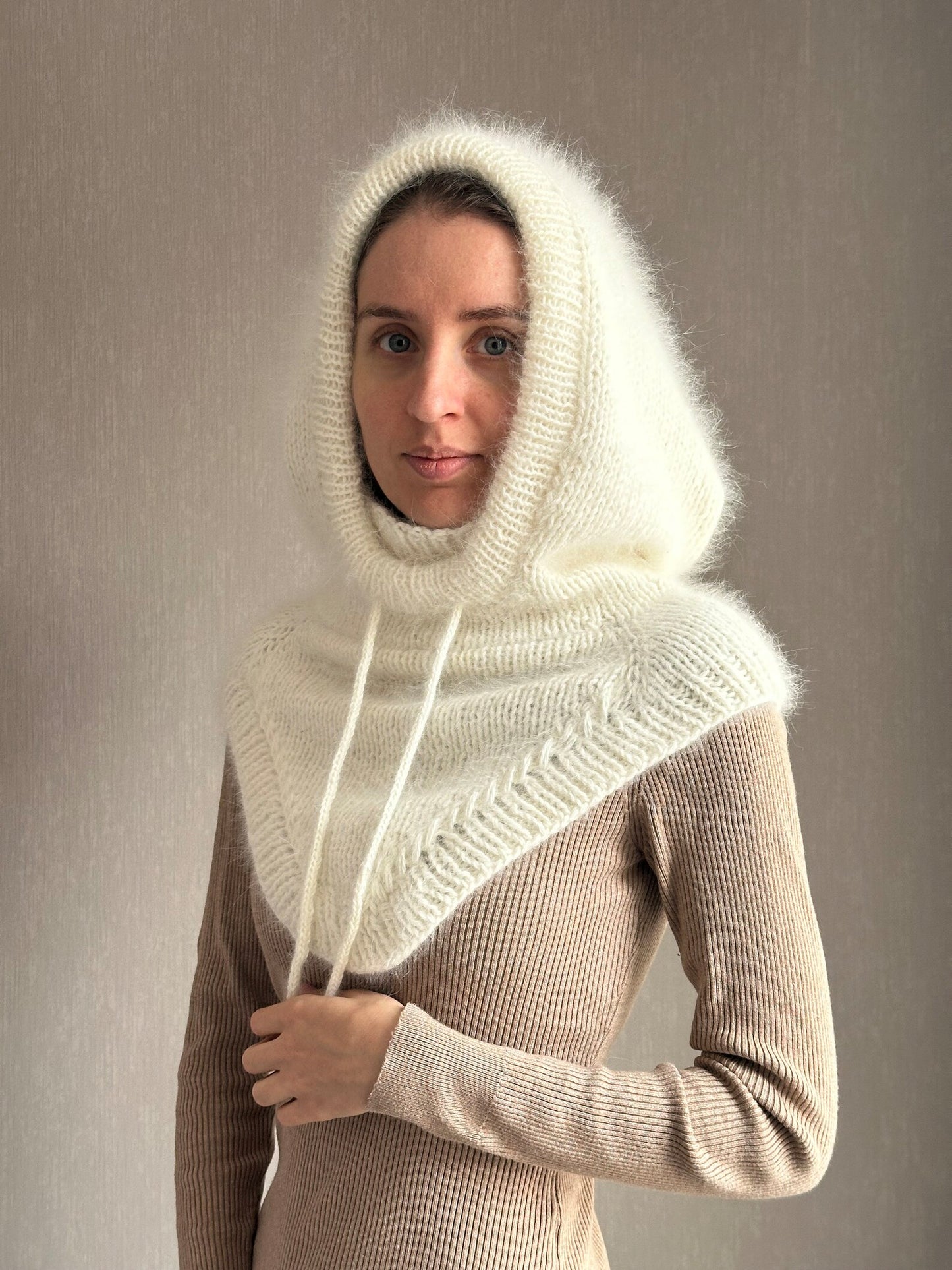 Luxurious Fluffy White Knitted Hood with Attached Cowl Neckwarmer for woman