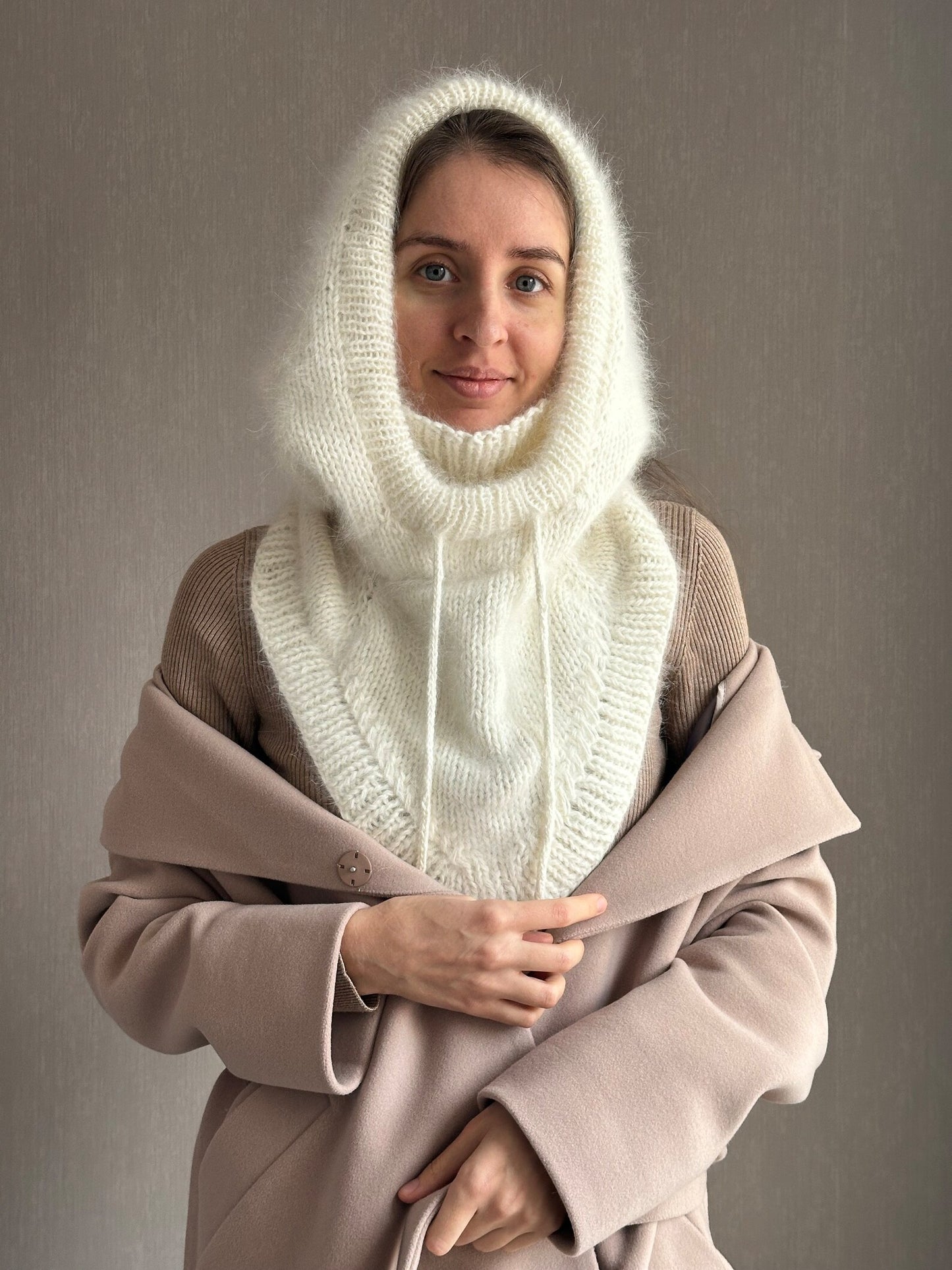 Luxurious Fluffy White Knitted Hood with Attached Cowl Neckwarmer for woman