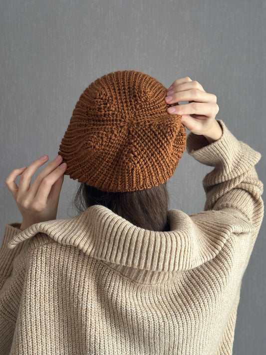 Versatile Brown Merino Ha, Hand-Knit Winter Beret