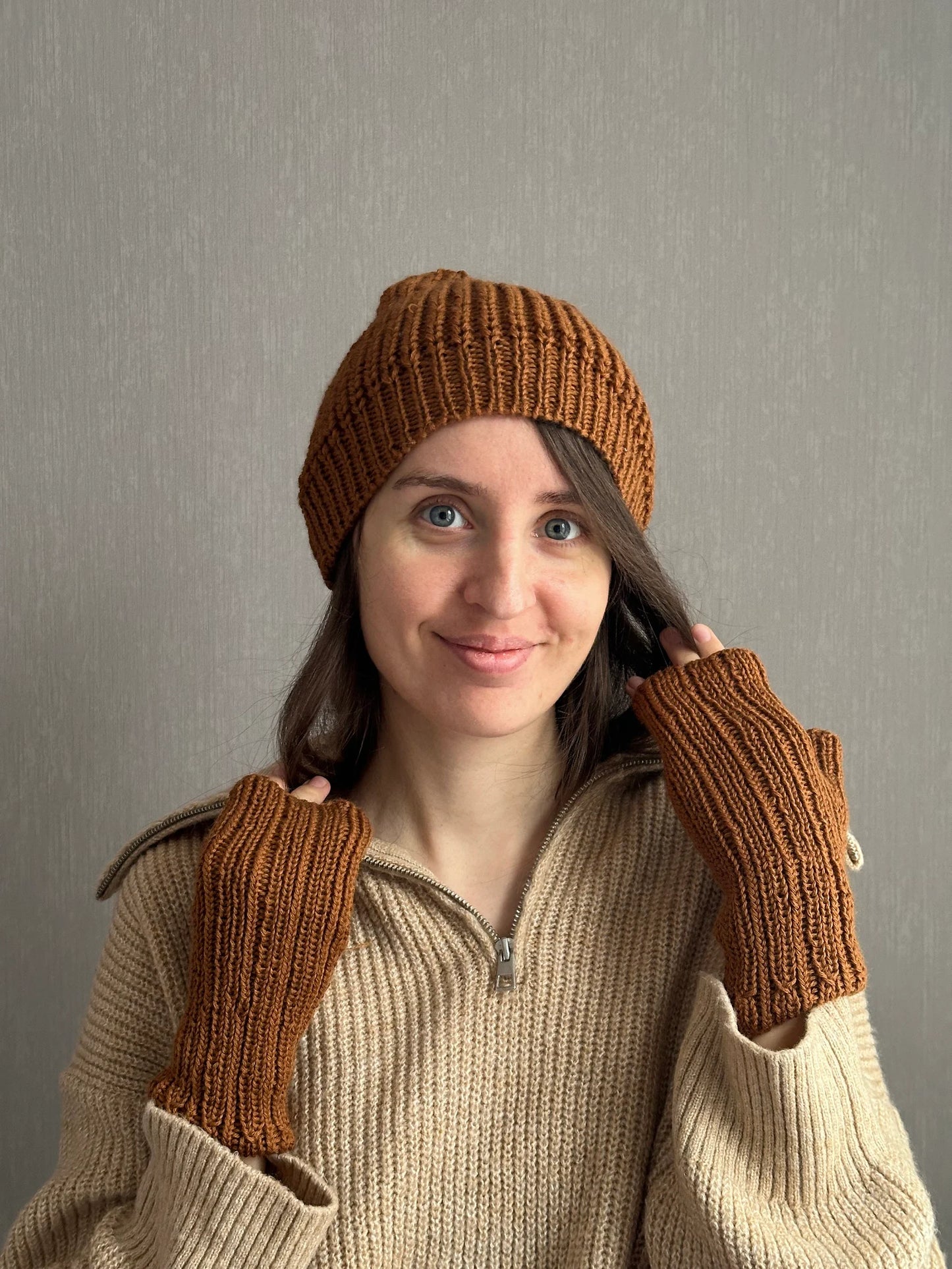 Versatile Brown Merino Ha, Hand-Knit Winter Beret