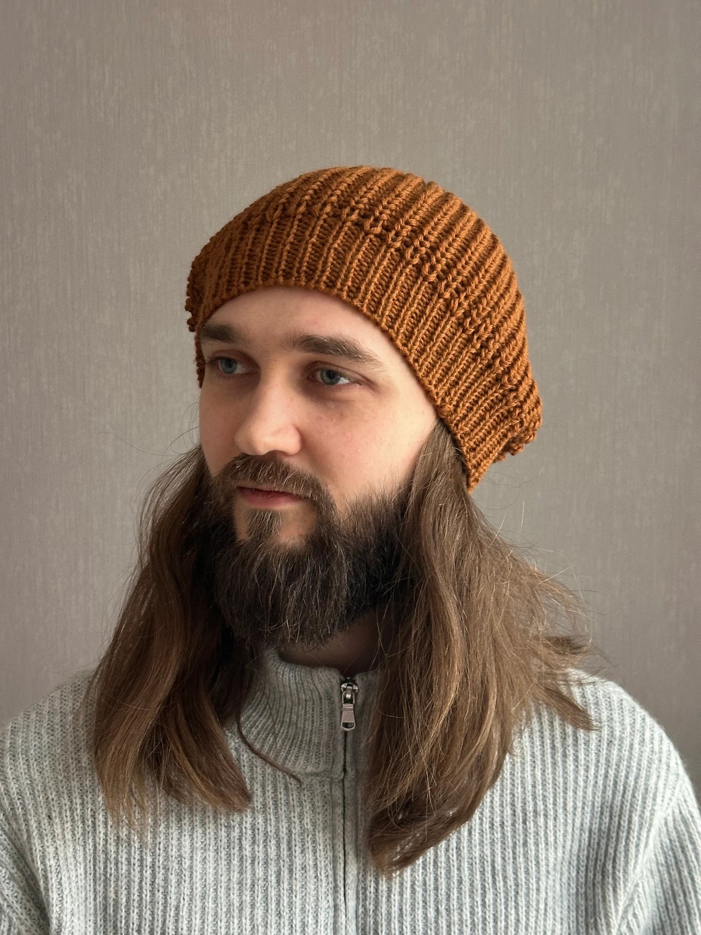 Versatile Brown Merino Ha, Hand-Knit Winter Beret