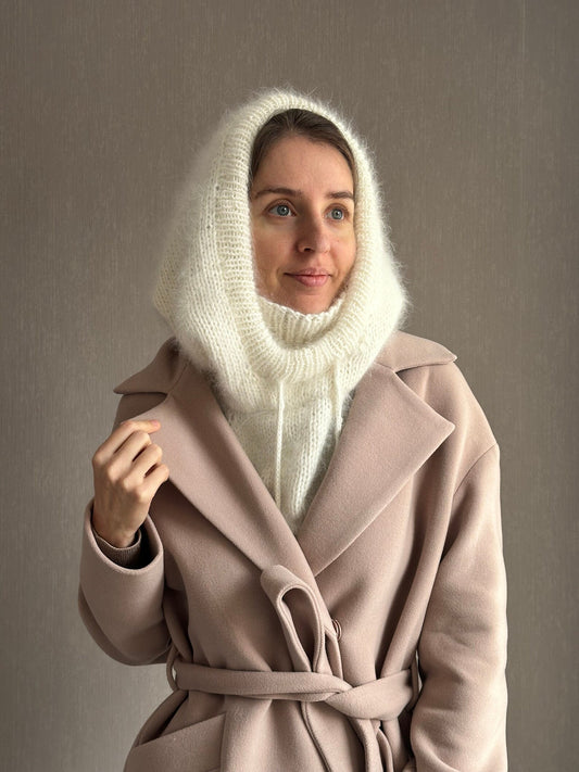 Luxurious Fluffy White Knitted Hood with Attached Cowl Neckwarmer for woman