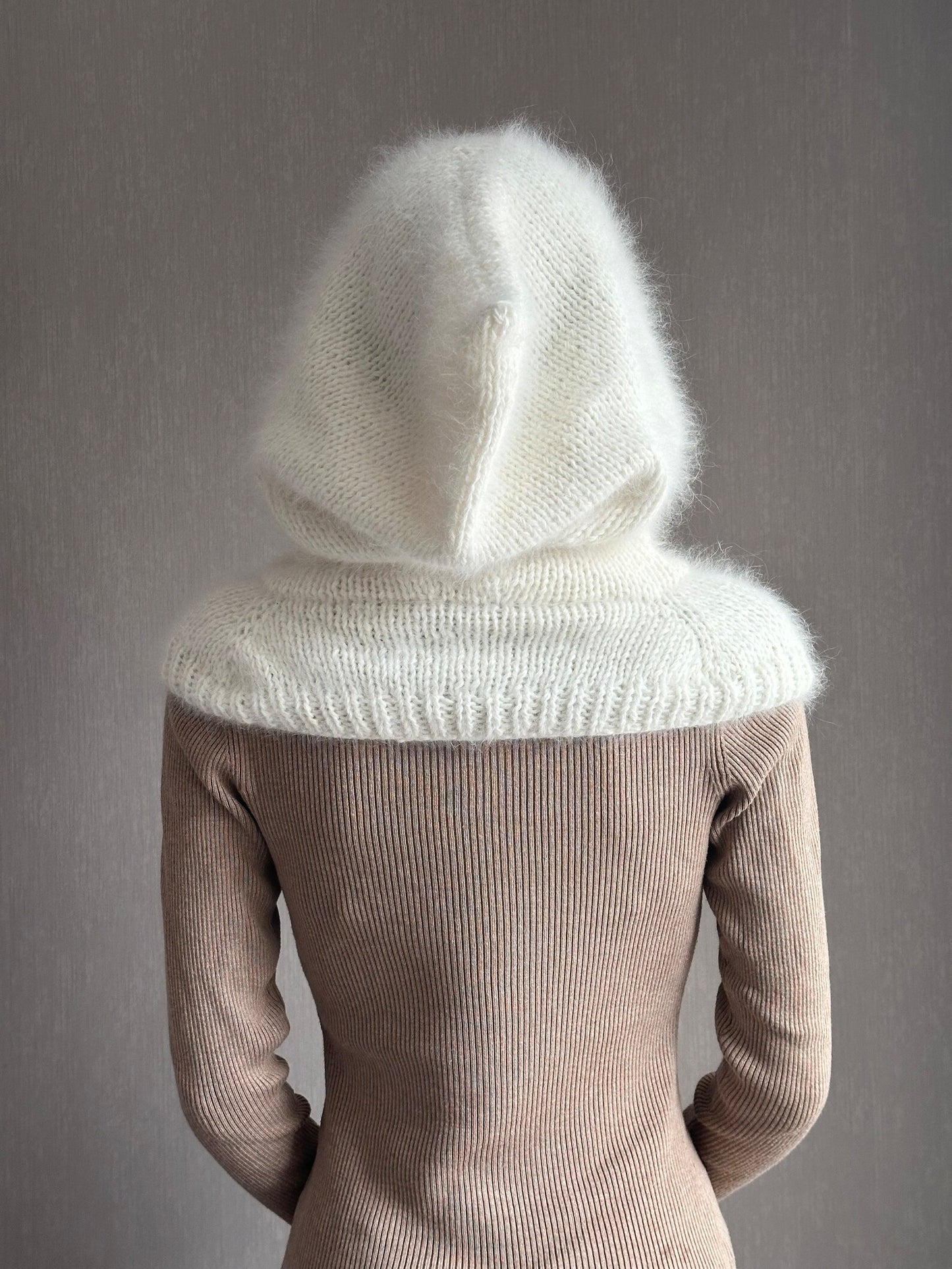 Luxurious Fluffy White Knitted Hood with Attached Cowl Neckwarmer for woman