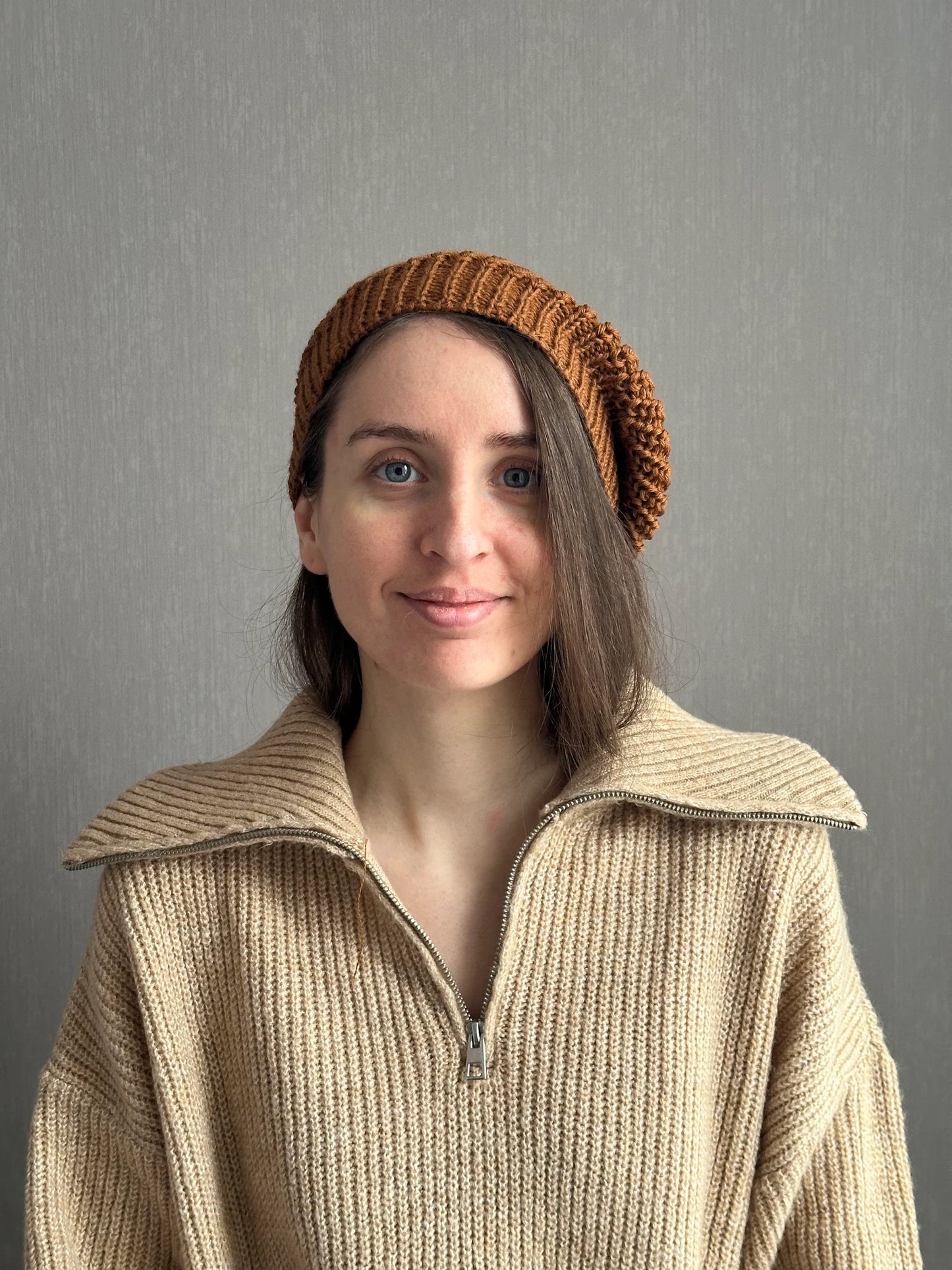 Versatile Brown Merino Ha, Hand-Knit Winter Beret