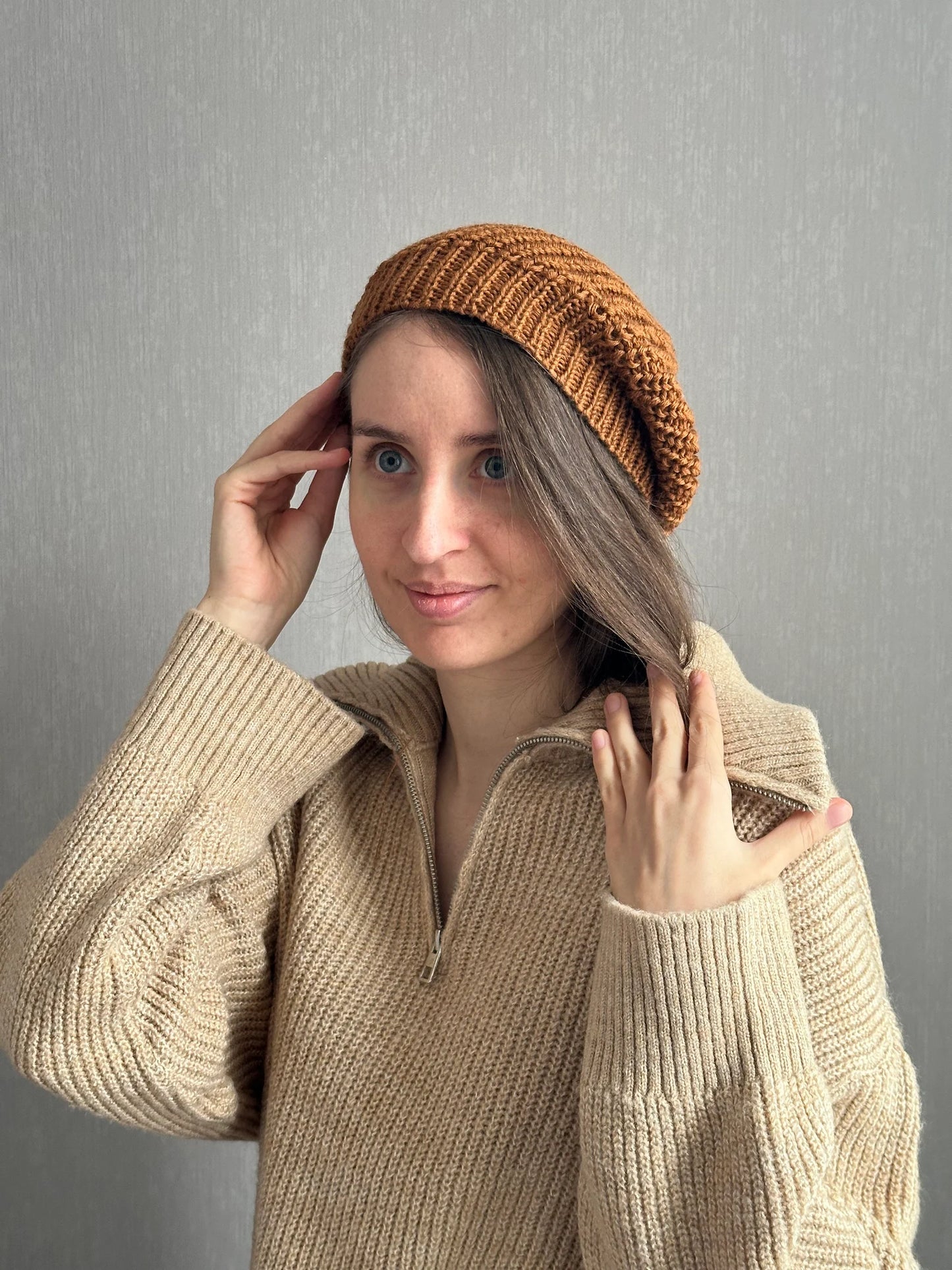 Versatile Brown Merino Ha, Hand-Knit Winter Beret